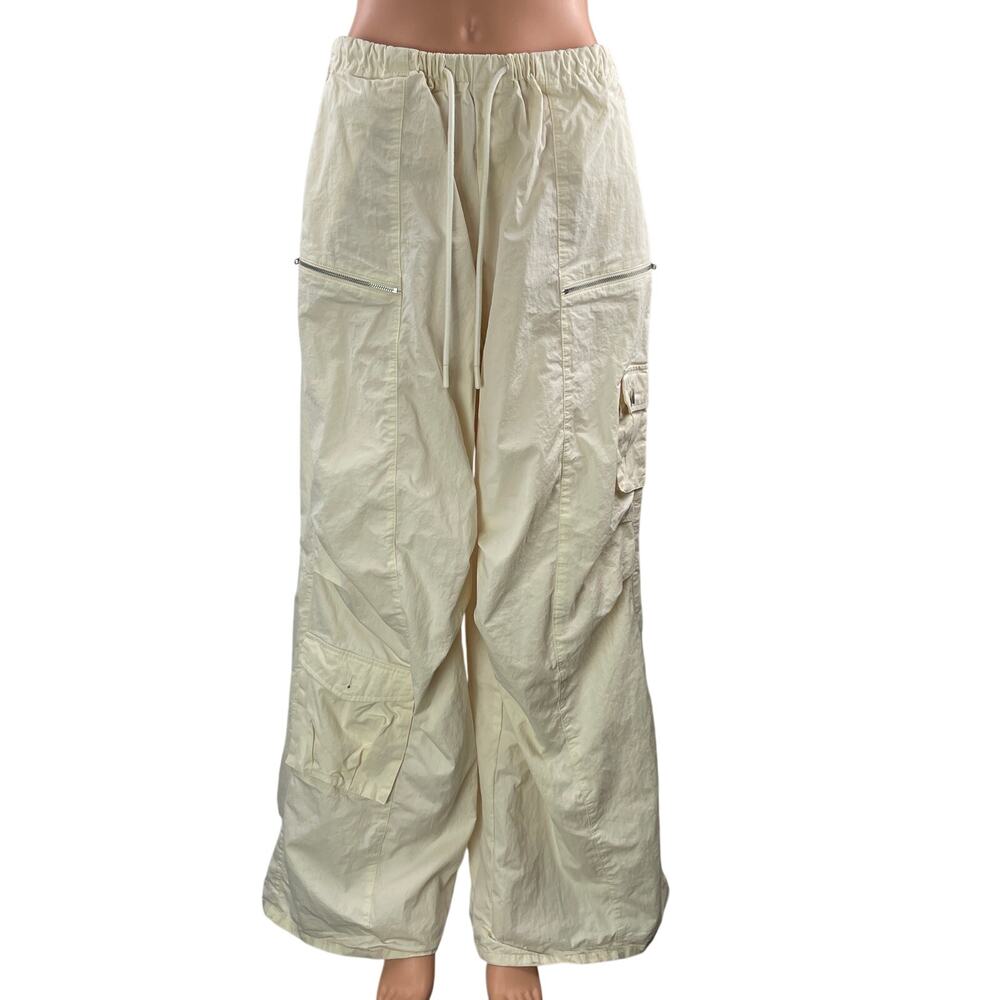 Tiger Mist Cream High Rise Baggy Wide Leg Parachute Cargo Trouser Pants Size L